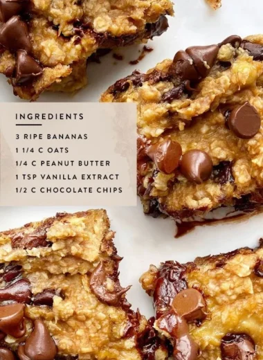 Delicious 4 ingredient peanut butter banana bars on a wooden table