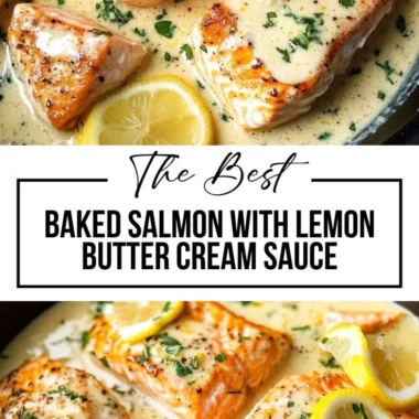 Baked salmon with lemon butter cream sauce on a plate, garnished with herbs