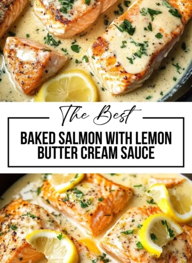 Baked salmon with lemon butter cream sauce on a plate, garnished with herbs