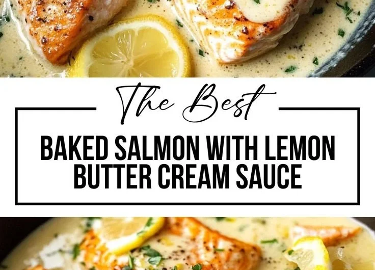 Baked salmon with lemon butter cream sauce on a plate, garnished with herbs