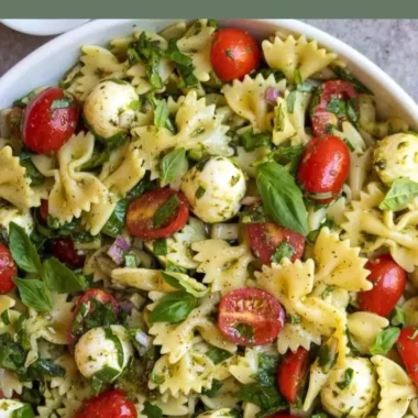 Colorful Bow Tie Pasta Salad with fresh vegetables and dressing