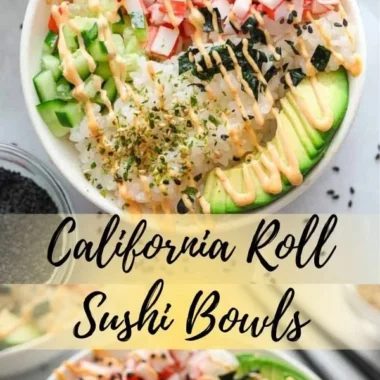 California Roll Sushi Bowls featuring fresh avocado, crab, and sushi rice