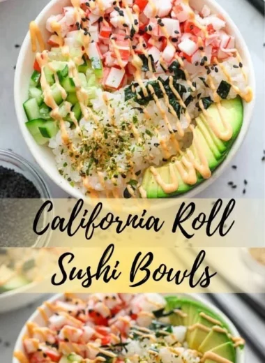 California Roll Sushi Bowls featuring fresh avocado, crab, and sushi rice
