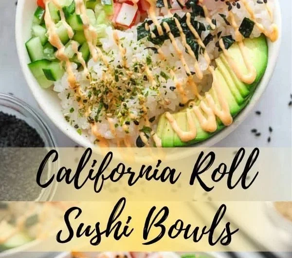 California Roll Sushi Bowls featuring fresh avocado, crab, and sushi rice