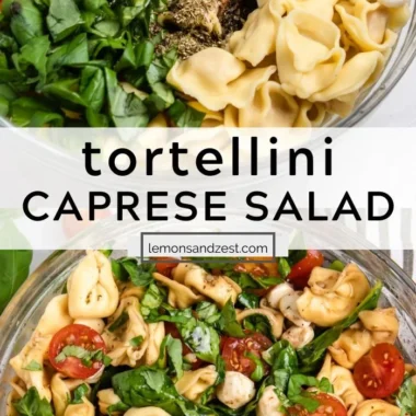 Caprese Salad with Tortellini featuring tomatoes, mozzarella, and fresh basil