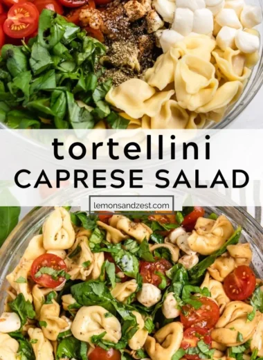 Caprese Salad with Tortellini featuring tomatoes, mozzarella, and fresh basil