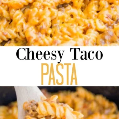 Delicious bowl of Cheesy Taco Pasta topped with cheese and cilantro