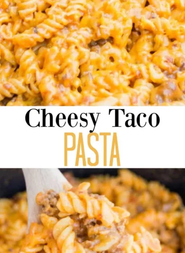 Delicious bowl of Cheesy Taco Pasta topped with cheese and cilantro