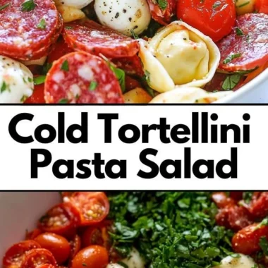 Bowl of cold tortellini pasta salad with fresh veggies and dressing