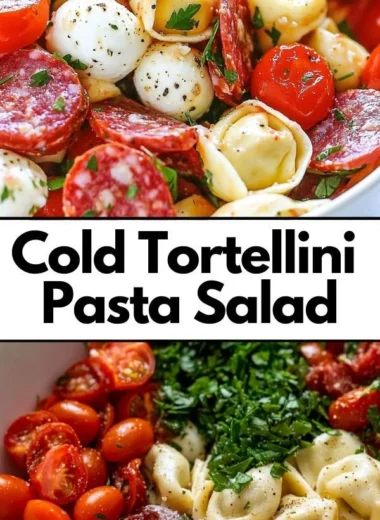 Bowl of cold tortellini pasta salad with fresh veggies and dressing