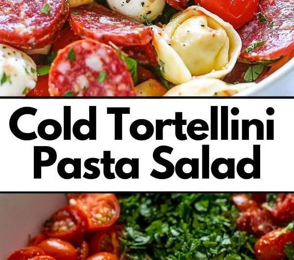 Bowl of cold tortellini pasta salad with fresh veggies and dressing