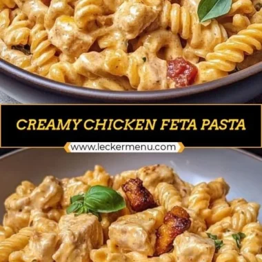 A bowl of creamy chicken feta pasta garnished with herbs and served with a side salad