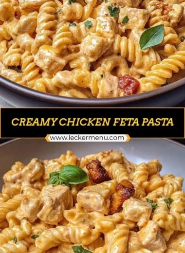 A bowl of creamy chicken feta pasta garnished with herbs and served with a side salad