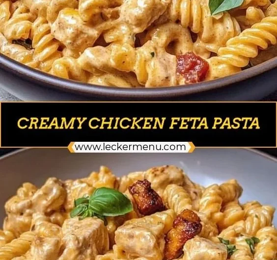 A bowl of creamy chicken feta pasta garnished with herbs and served with a side salad