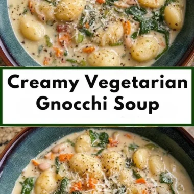 Bowl of creamy vegetarian gnocchi soup garnished with herbs and vegetables.