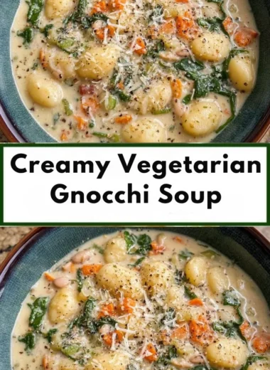 Bowl of creamy vegetarian gnocchi soup garnished with herbs and vegetables.