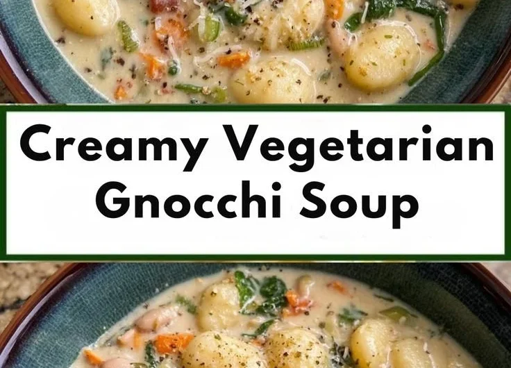 Bowl of creamy vegetarian gnocchi soup garnished with herbs and vegetables.