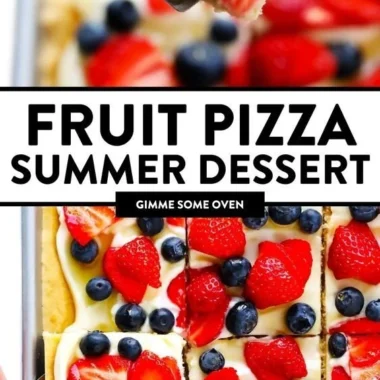 Delicious easy fruit pizza topped with colorful fresh fruits