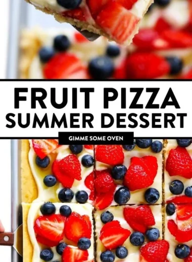 Delicious easy fruit pizza topped with colorful fresh fruits