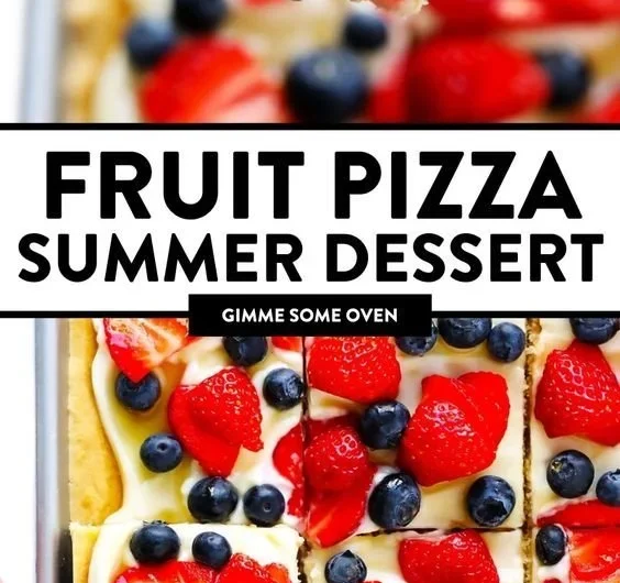 Delicious easy fruit pizza topped with colorful fresh fruits