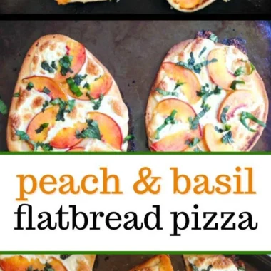 Easy Peach Basil Naan Pizza topped with fresh peaches and basil leaves