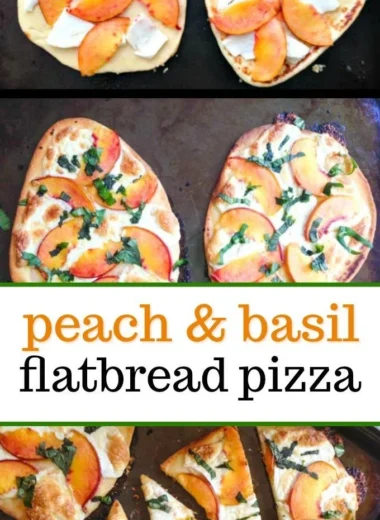 Easy Peach Basil Naan Pizza topped with fresh peaches and basil leaves