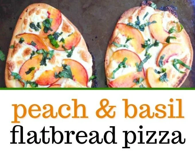Easy Peach Basil Naan Pizza topped with fresh peaches and basil leaves