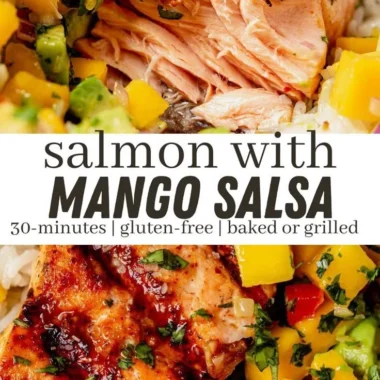 Fresh salmon fillet served with colorful mango salsa on a plate