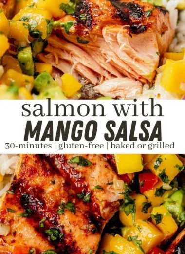 Fresh salmon fillet served with colorful mango salsa on a plate
