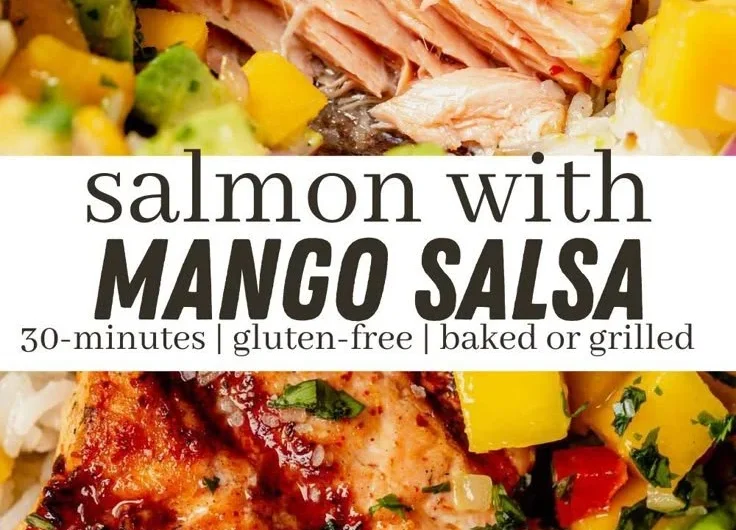 Fresh salmon fillet served with colorful mango salsa on a plate