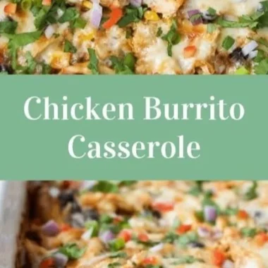 Healthy chicken burrito casserole served in a baking dish with toppings