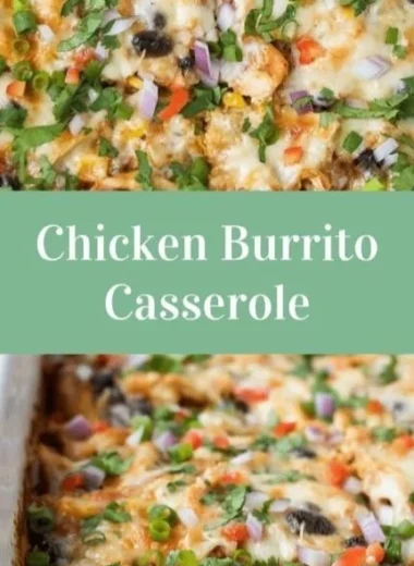 Healthy chicken burrito casserole served in a baking dish with toppings