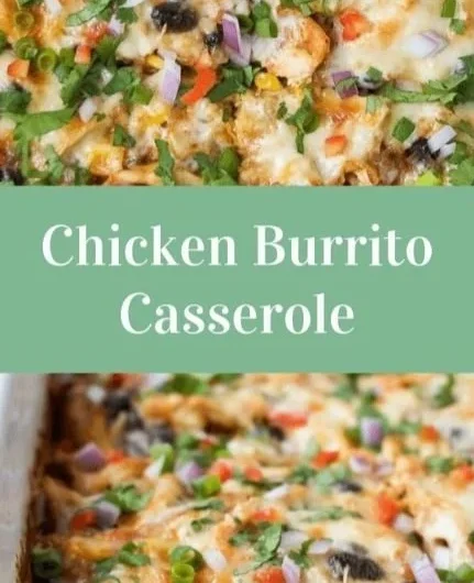 Healthy chicken burrito casserole served in a baking dish with toppings