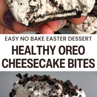 No-bake healthy Oreo cheesecake bites on a rustic wooden table