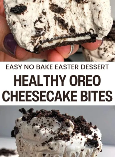 No-bake healthy Oreo cheesecake bites on a rustic wooden table