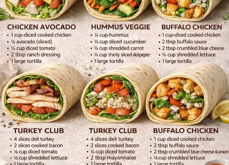 Colorful healthy wraps filled with fresh vegetables and lean proteins