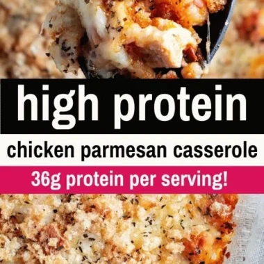 High Protein Chicken Parmesan Casserole dish served on a plate