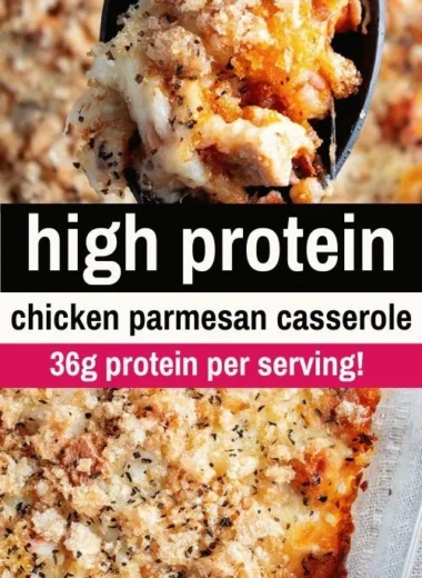 High Protein Chicken Parmesan Casserole dish served on a plate
