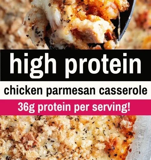 High Protein Chicken Parmesan Casserole dish served on a plate