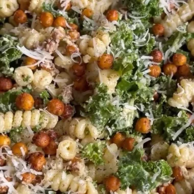 Kale Caesar Pasta Salad with creamy dressing and fresh ingredients