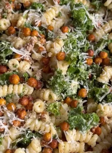 Kale Caesar Pasta Salad with creamy dressing and fresh ingredients