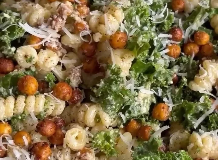 Kale Caesar Pasta Salad with creamy dressing and fresh ingredients