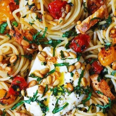 Delicious Lemon Butter Garlic Chicken Pasta with Roasted Cherry Tomatoes and Burrata Cheese