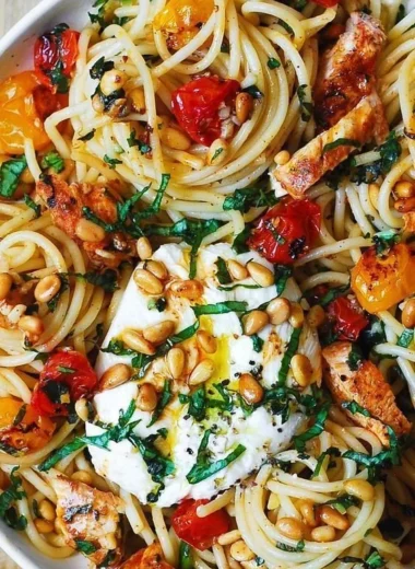 Delicious Lemon Butter Garlic Chicken Pasta with Roasted Cherry Tomatoes and Burrata Cheese