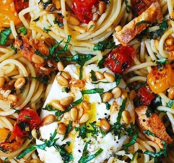Delicious Lemon Butter Garlic Chicken Pasta with Roasted Cherry Tomatoes and Burrata Cheese