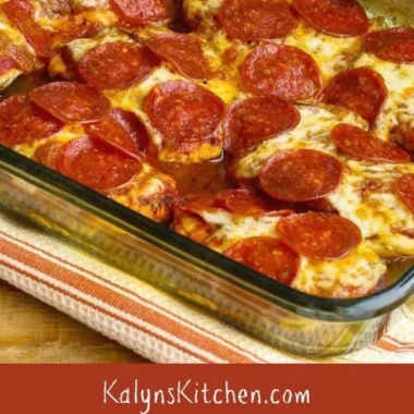 Low-Carb Pepperoni Pizza Chicken Bake topped with cheese and pepperoni slices