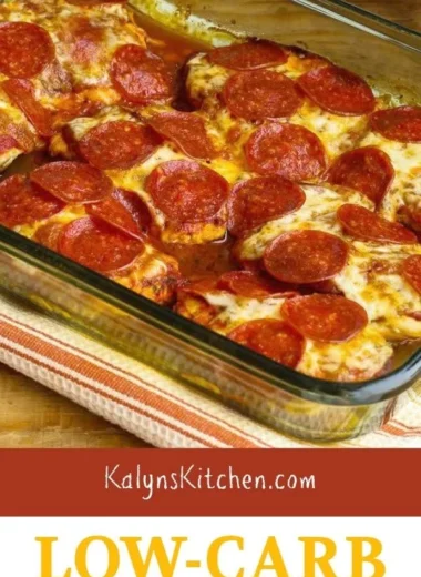 Low-Carb Pepperoni Pizza Chicken Bake topped with cheese and pepperoni slices