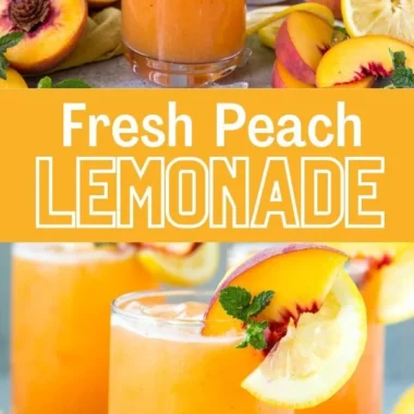 Glass of refreshing Peach Lemonade with slices of peach and lemon