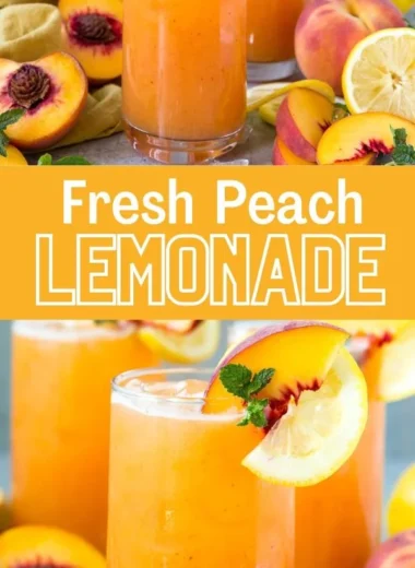 Glass of refreshing Peach Lemonade with slices of peach and lemon