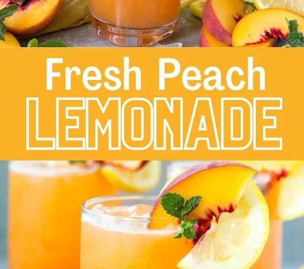 Glass of refreshing Peach Lemonade with slices of peach and lemon